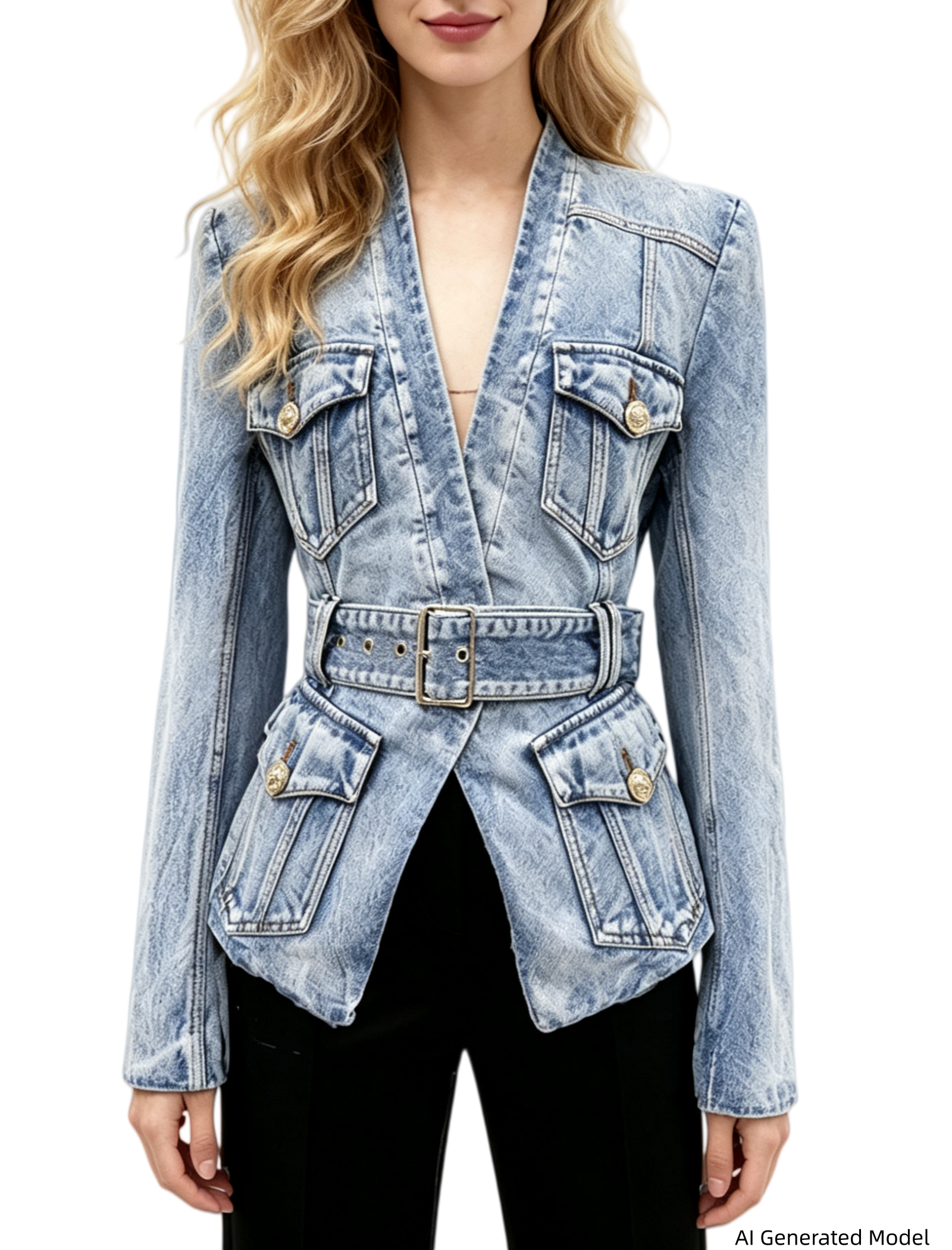 Platlogy V Neck Belted Waist Denim Blazer Women Long Sleeve Pockets Casual Chic Slim Fit Denim Jacket