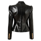Platlogy Women's Leather Blazer Double-breasted Gold Button Design Slim-fit Cropped Jacket Glamorous Outerwear for Party