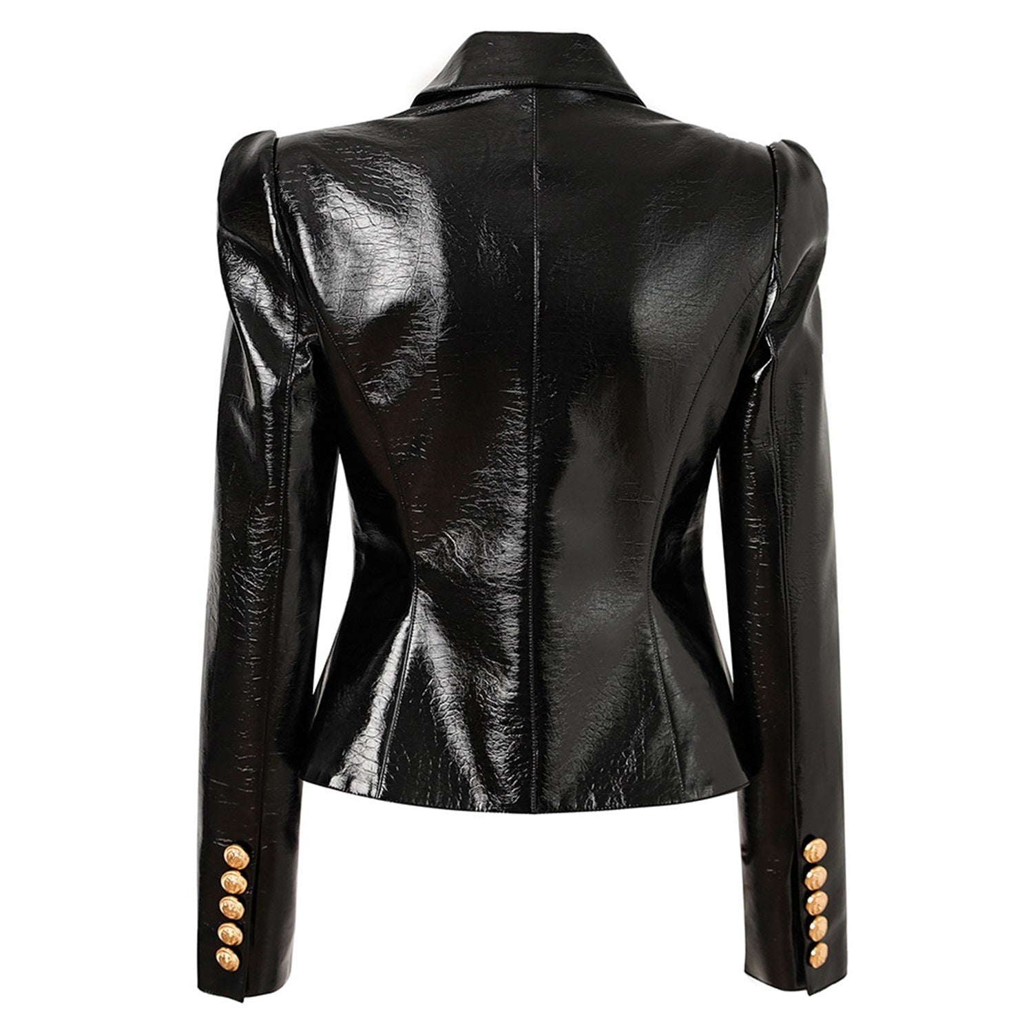 Platlogy Women's Leather Blazer Double-breasted Gold Button Design Slim-fit Cropped Jacket Glamorous Outerwear for Party