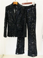 Platlogy Women's 2024 2 Pieces Suit Set Single Button Guipure Lace Sequined Blazer Jacket Pants Suit Outfit