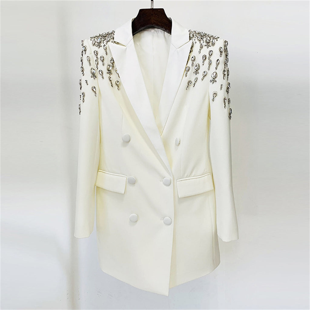 Platlogy Women's Luxury Outwear Embroidery Flares Diamond Blazer Jackets Long Sleeve Long Blazer Dress coat