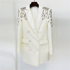 Platlogy Women's Luxury Outwear Embroidery Flares Diamond Blazer Jackets Long Sleeve Long Blazer Dress coat