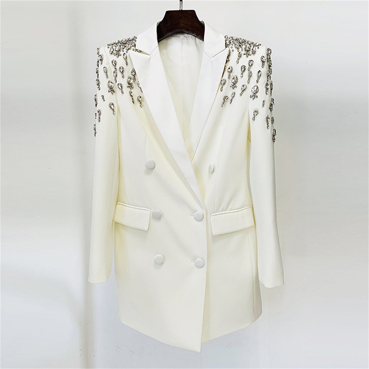 Platlogy Women's Luxury Outwear Embroidery Flares Diamond Blazer Jackets Long Sleeve Long Blazer Dress coat