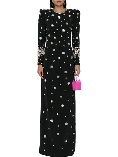 platlogy Women's Fashion Designer Party Formal Long Sleeve Luxurious Rhinestone Diamonds Beaded Long Maxi Dress Gowns