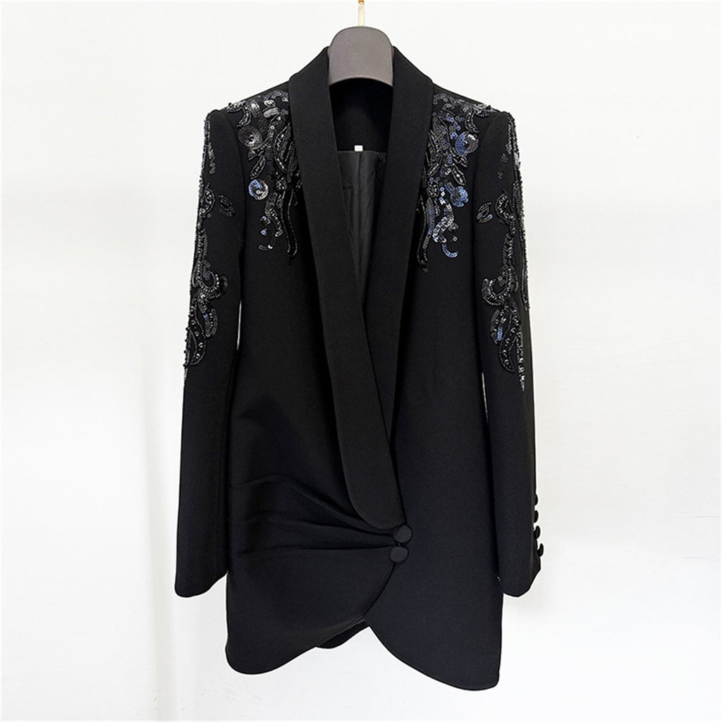 Platlogy Women's Luxury Designer Jacket Slim Fitting Rhinestone Diamonds Beaded Sequin Long Blazer Coat