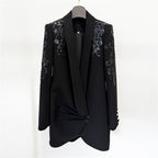 Platlogy Women's Luxury Designer Jacket Slim Fitting Rhinestone Diamonds Beaded Sequin Long Blazer Coat