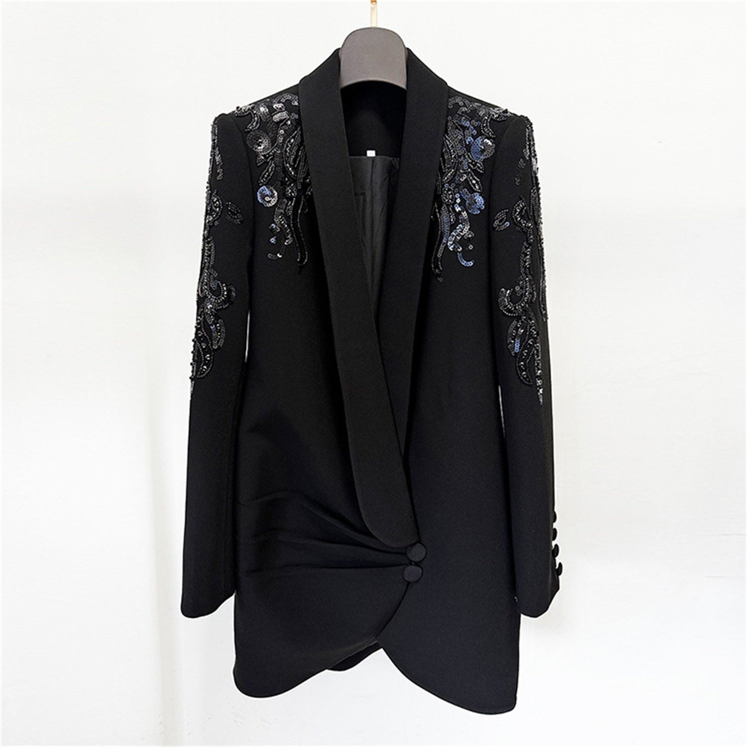 Platlogy Women's Luxury Designer Jacket Slim Fitting Rhinestone Diamonds Beaded Sequin Long Blazer Coat