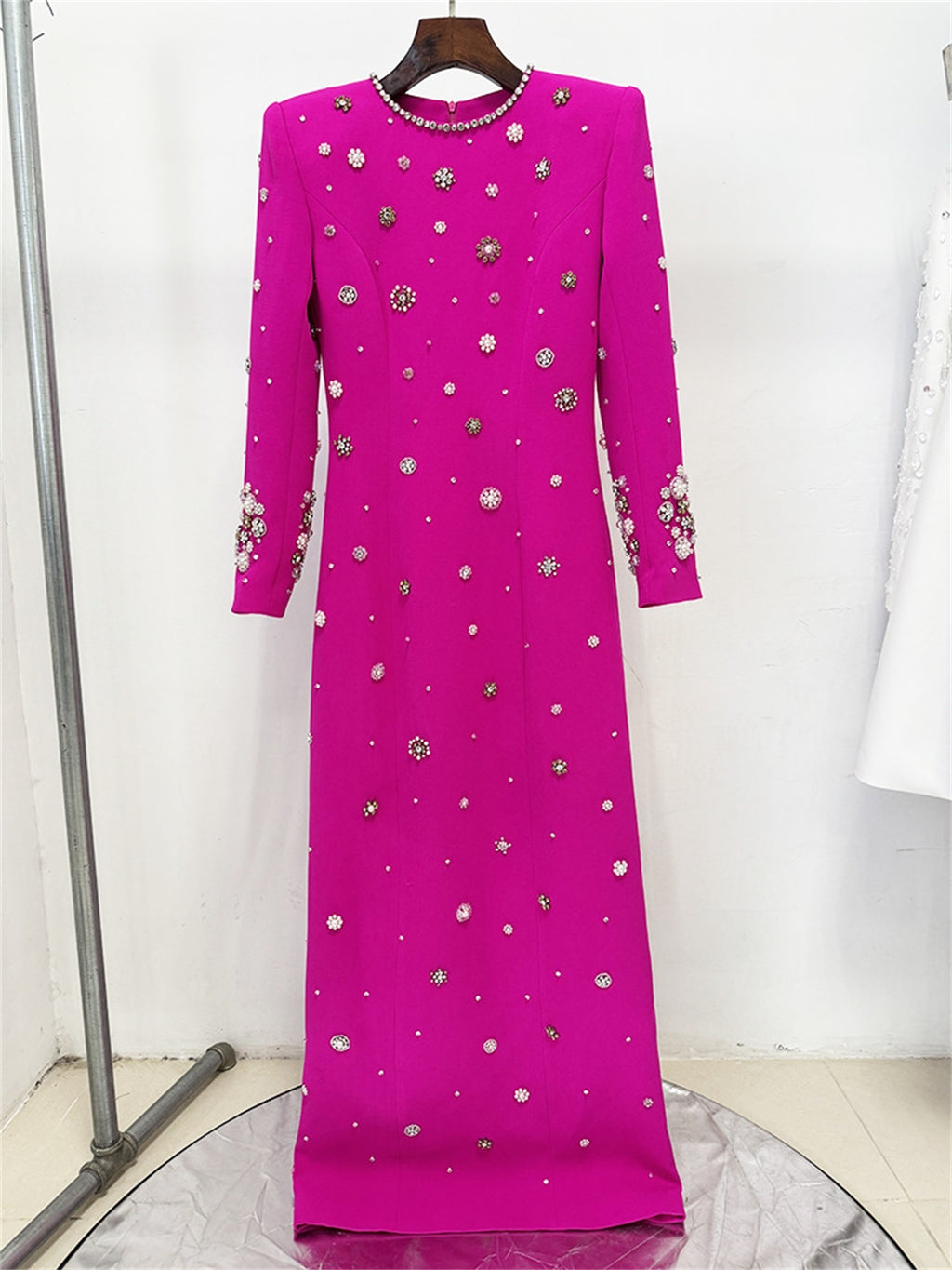 platlogy Women's Fashion Designer Party Formal Long Sleeve Luxurious Rhinestone Diamonds Beaded Long Maxi Dress Gowns