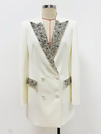 Platlogy Women's Luxury Designer Jacket Slim Fitting Rhinestone Diamonds Beaded Long Blazer Coat