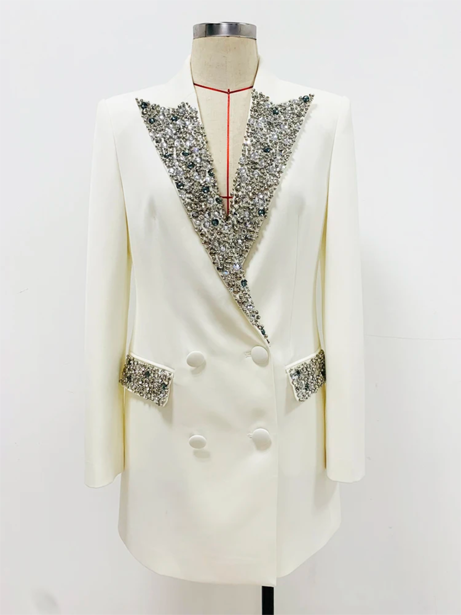 Platlogy Women's Luxury Designer Jacket Slim Fitting Rhinestone Diamonds Beaded Long Blazer Coat