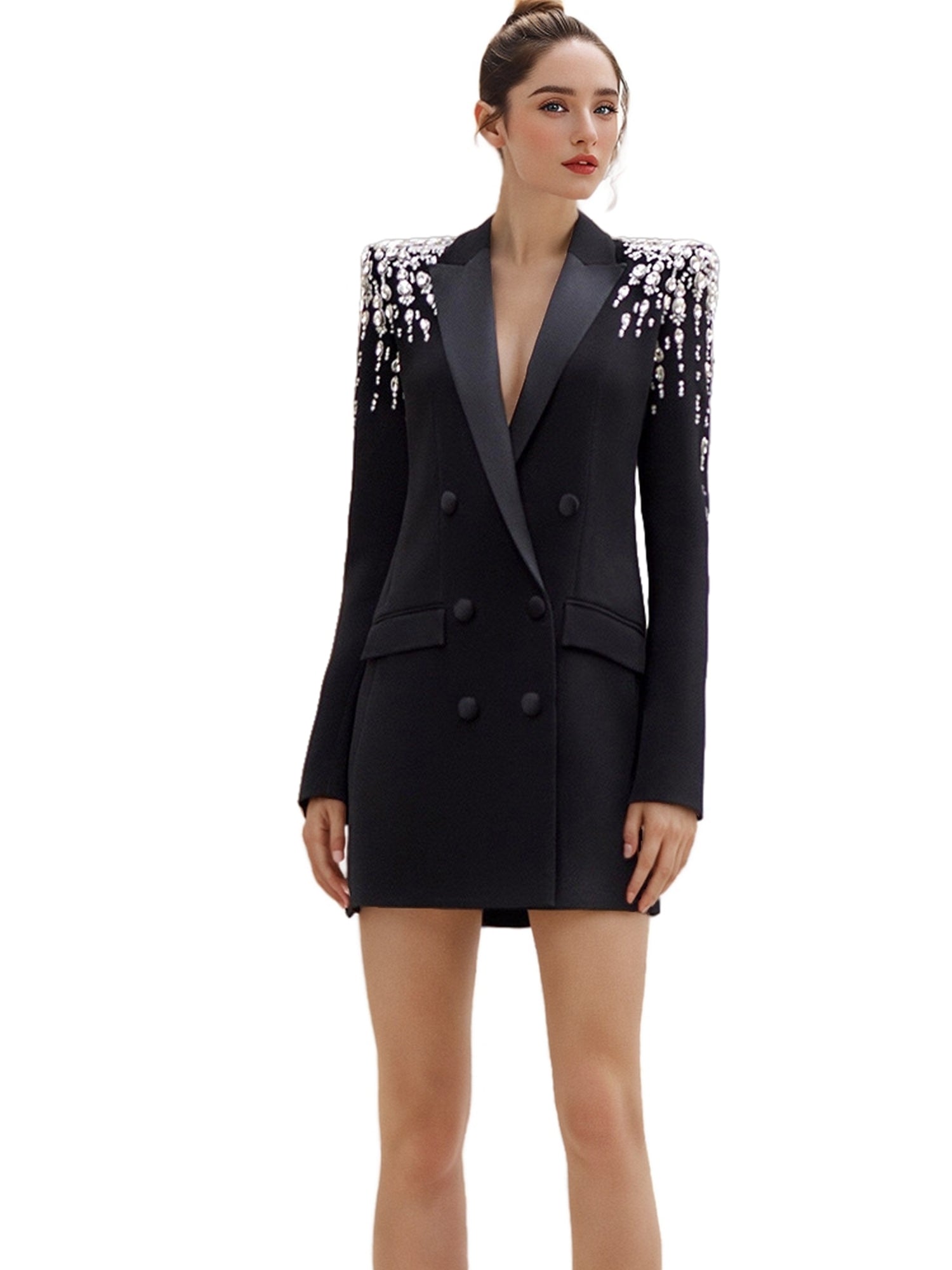 Platlogy Women's Luxury Outwear Embroidery Flares Diamond Blazer Jackets Long Sleeve Long Blazer Dress coat Main image