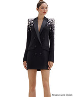 Platlogy Women's Luxury Outwear Embroidery Flares Diamond Blazer Jackets Long Sleeve Long Blazer Dress coat