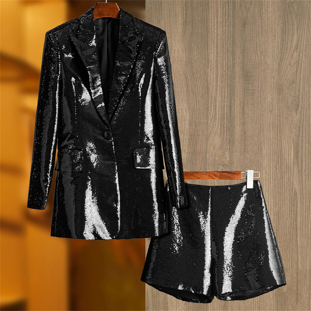 Platlogy Women Sequin Blazer and Short Set 2 PC Slim Fit Notch Lapel Prom Party Glitter Suit