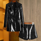 Platlogy Women Sequin Blazer and Short Set 2 PC Slim Fit Notch Lapel Prom Party Glitter Suit