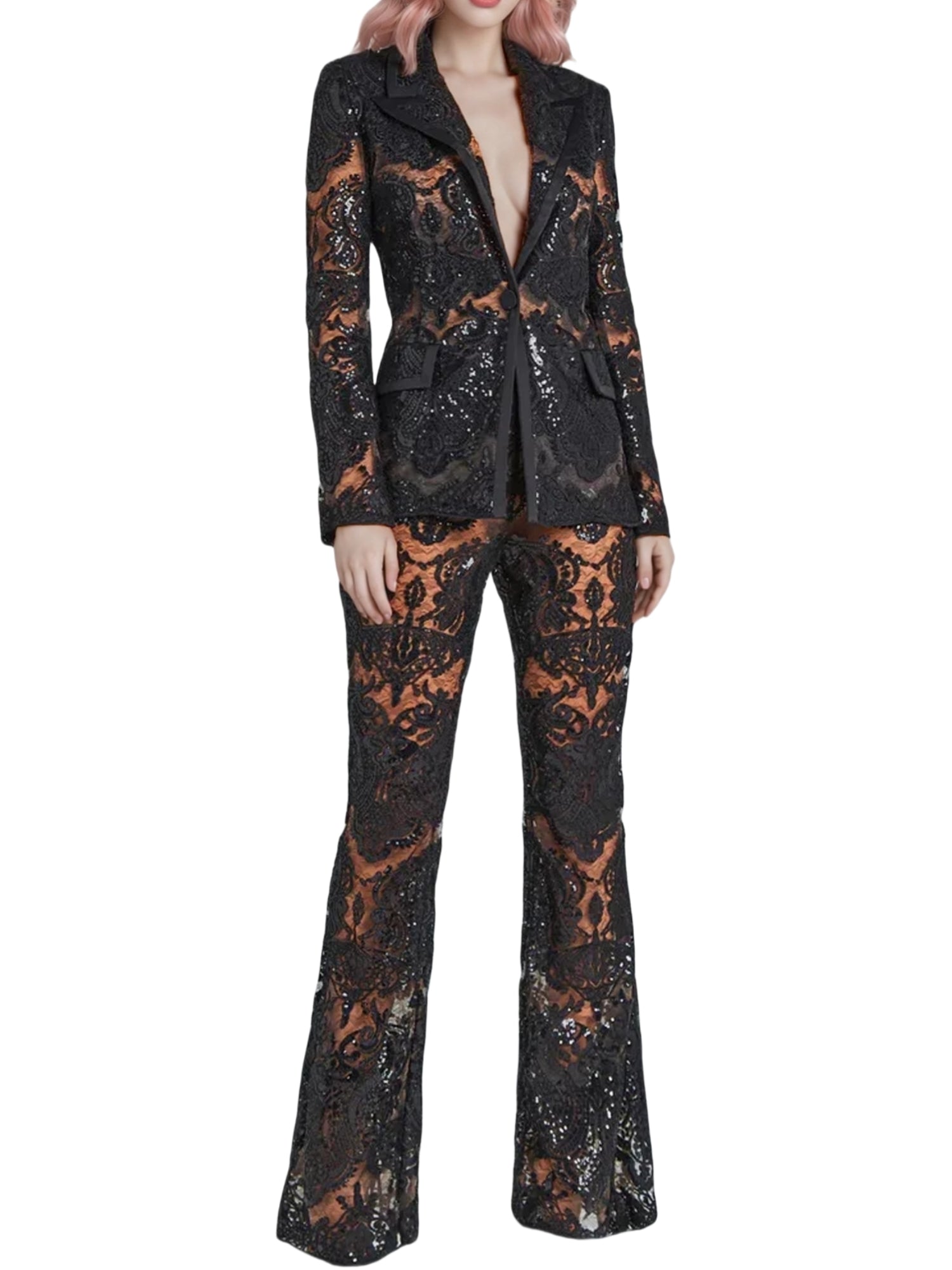 Platlogy Women's 2024 2 Pieces Suit Set Single Button Guipure Lace Sequined Blazer Jacket Pants Suit Outfit Main image