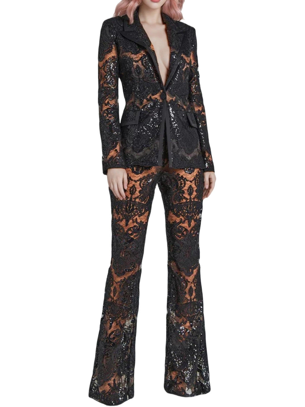 Platlogy Women's 2024 2 Pieces Suit Set Single Button Guipure Lace Sequined Blazer Jacket Pants Suit Outfit