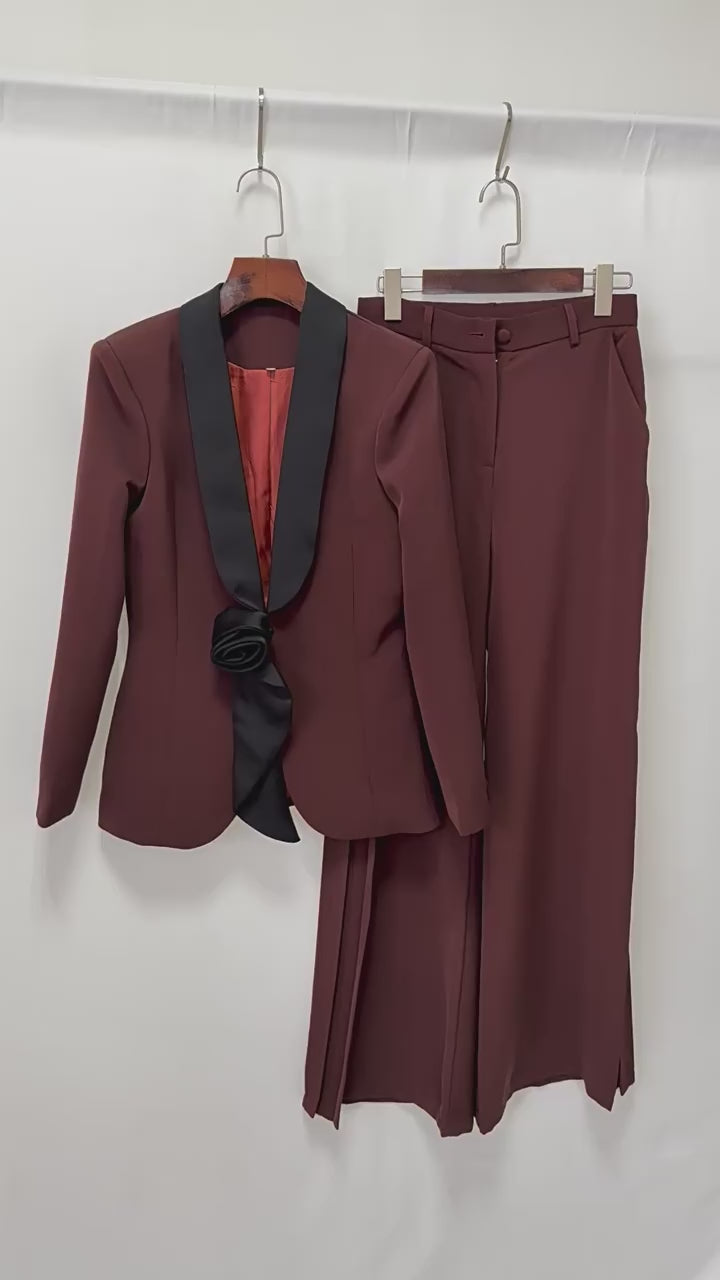 Platlogy Elegant Floral Decor Lapel Blazer Wide Leg Pant Two Piece Women Suit Set