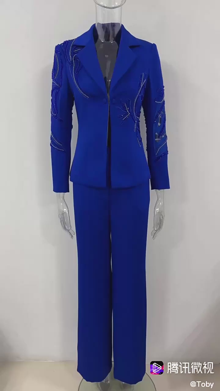 Platlogy Royal Blue Hand Beaded Blazer Wide Leg Pants Two Piece Formal Suit For Women Elegant Business Party Matching Outfit