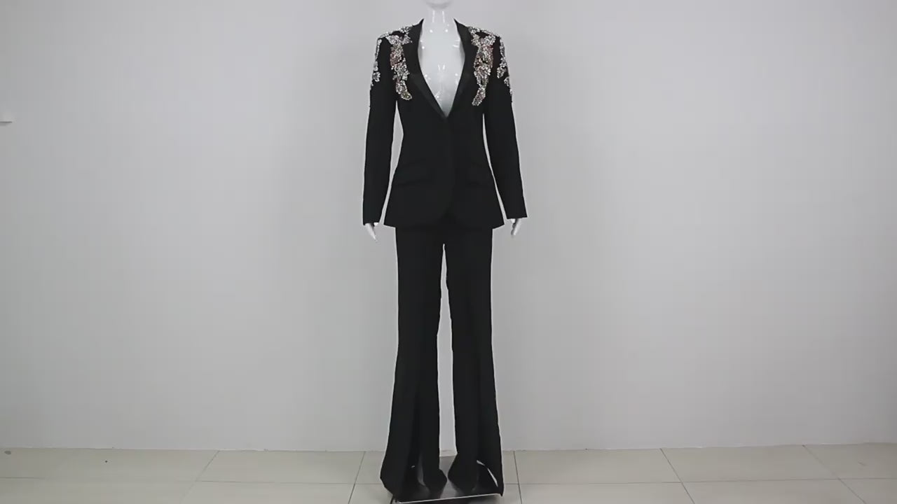Platlogy Women's Designer Suit Women Beaded Diamonds Stand Collar Single Button Blazer Wide-leg Pants Set 2PCS