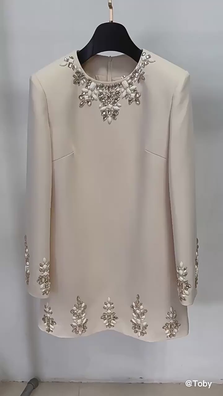 platlogy Women's Fashion Designer Dresses Long Sleeve Stunning Rhinestone Diamonds Beaded Dress