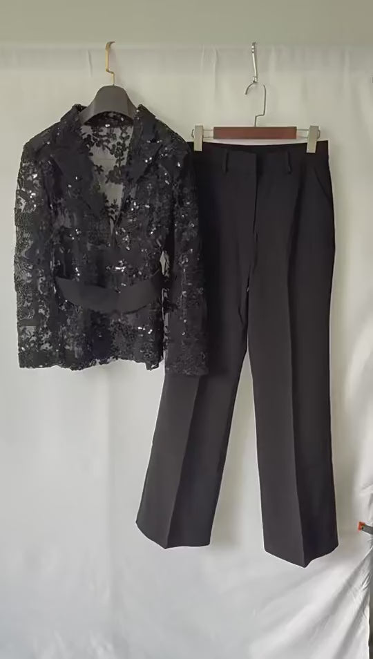 Platlogy Black Sequin Lace Blazer Straight Trouser 2 Piece Set Elegant Formal Women Pant Suit for Evening Party Business Occasions