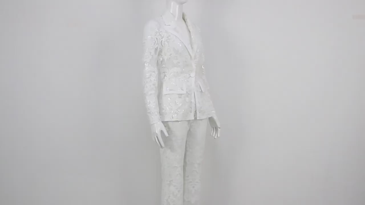 Platlogy Women's 2024 2 Pieces Suit Set Single Button Guipure Lace Sequined Blazer Jacket Pants Suit Outfit