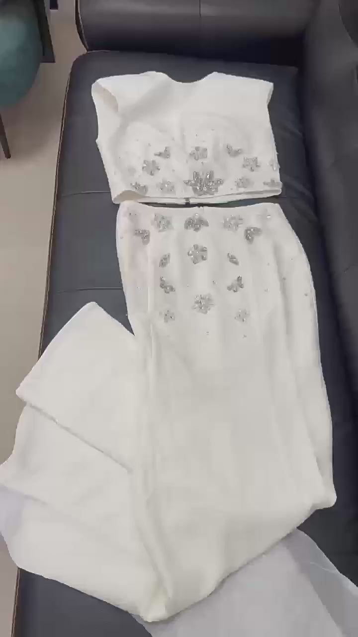 Platlogy White Two Piece Mermaid Evening Gown Handmade Rhinestone Sleeveless Formal Party Dress