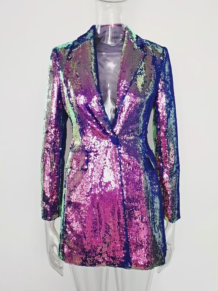 Women Sequin Blazer Single Button Long Sleeve Party Clubwear Jacket