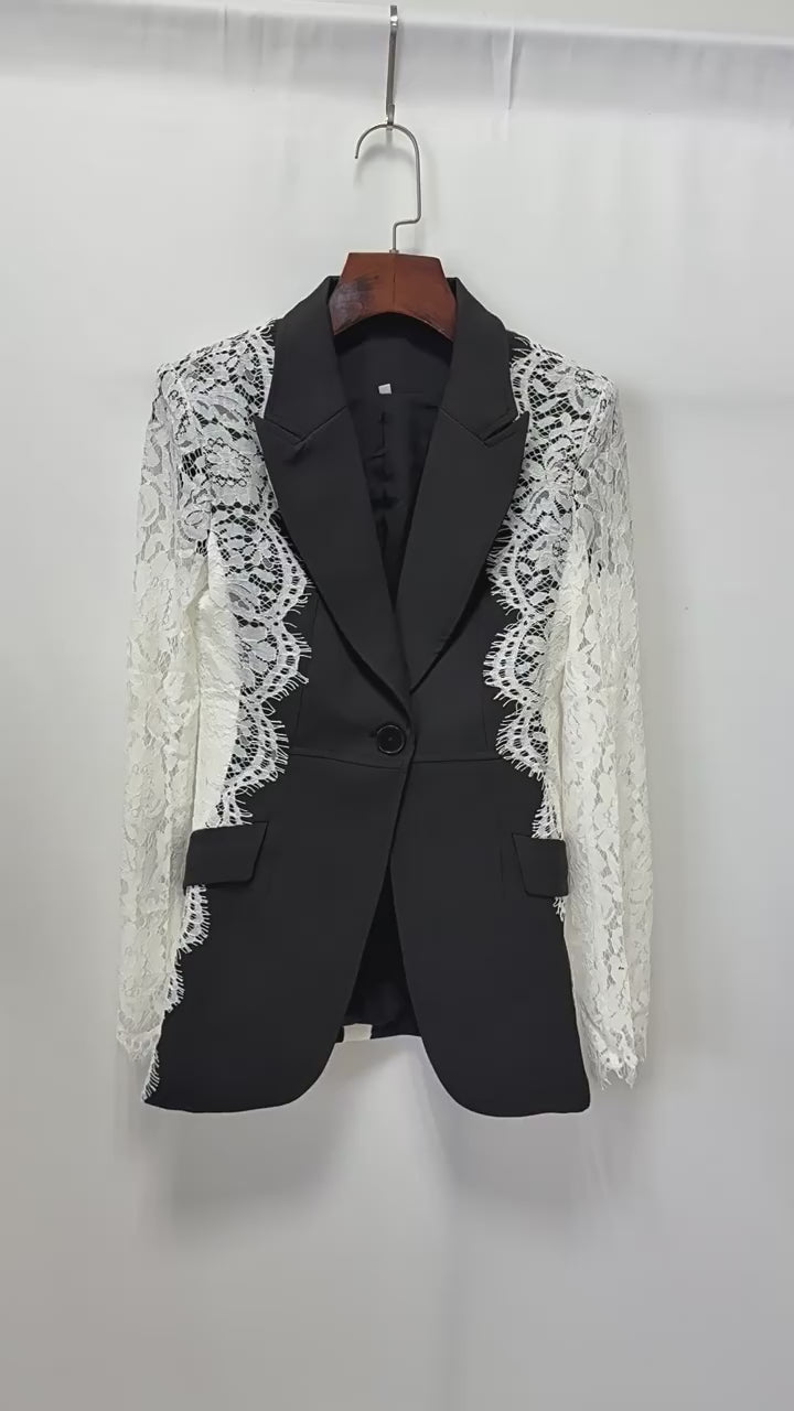 Platlogy Women Elegant Lace Patchwork Blazer Suit Slim Fit Formal Business Party Two Piece Outfit