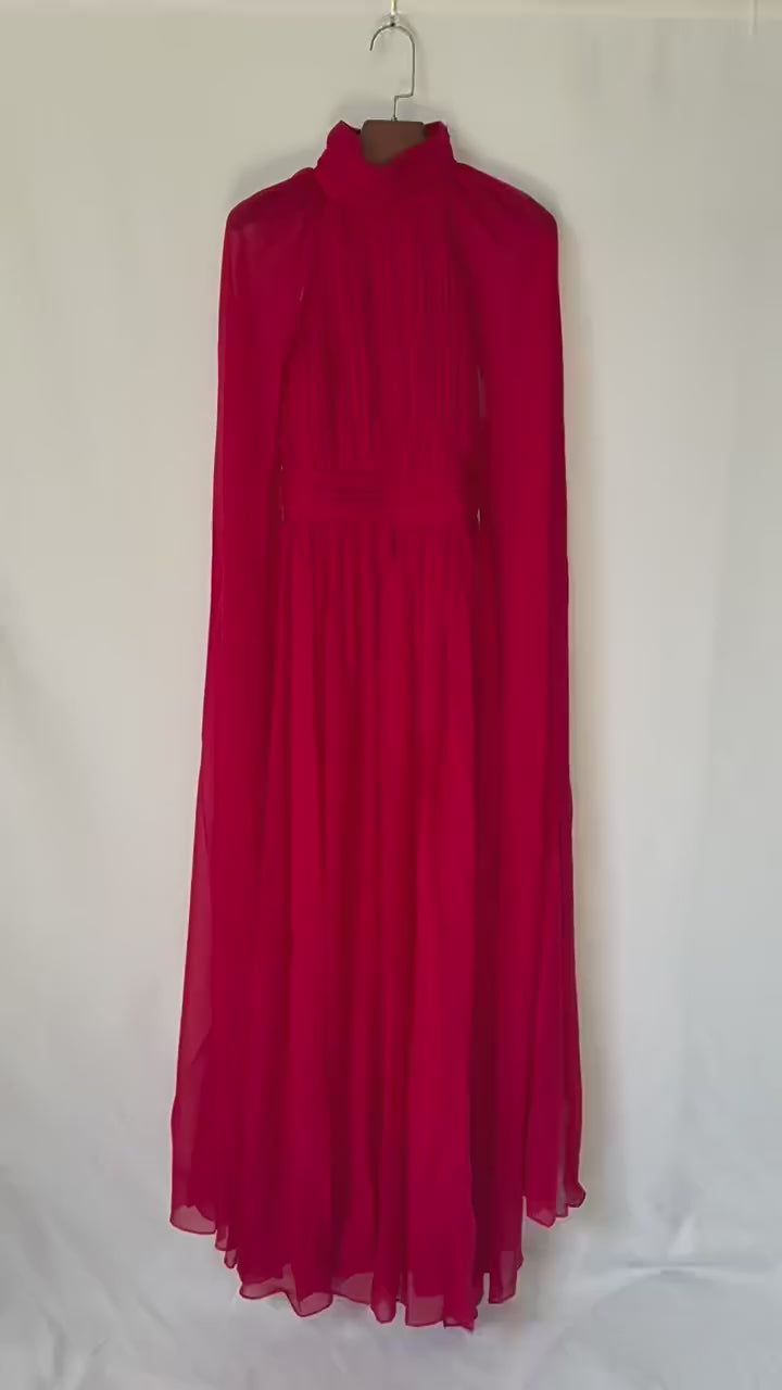 Platlogy Red High Neck Cape Sleeve Chiffon Maxi Evening Dress Elegant Formal Party Gown