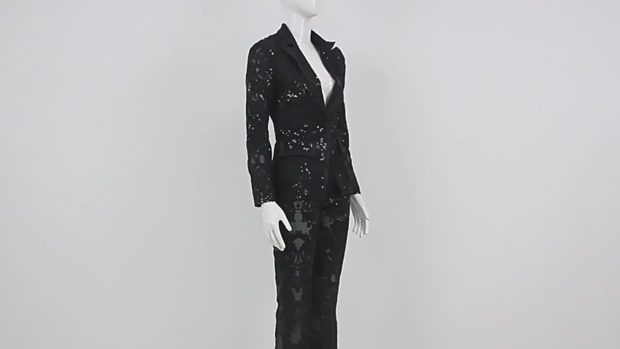 Platlogy Women's 2024 2 Pieces Suit Set Single Button Guipure Lace Sequined Blazer Jacket Pants Suit Outfit