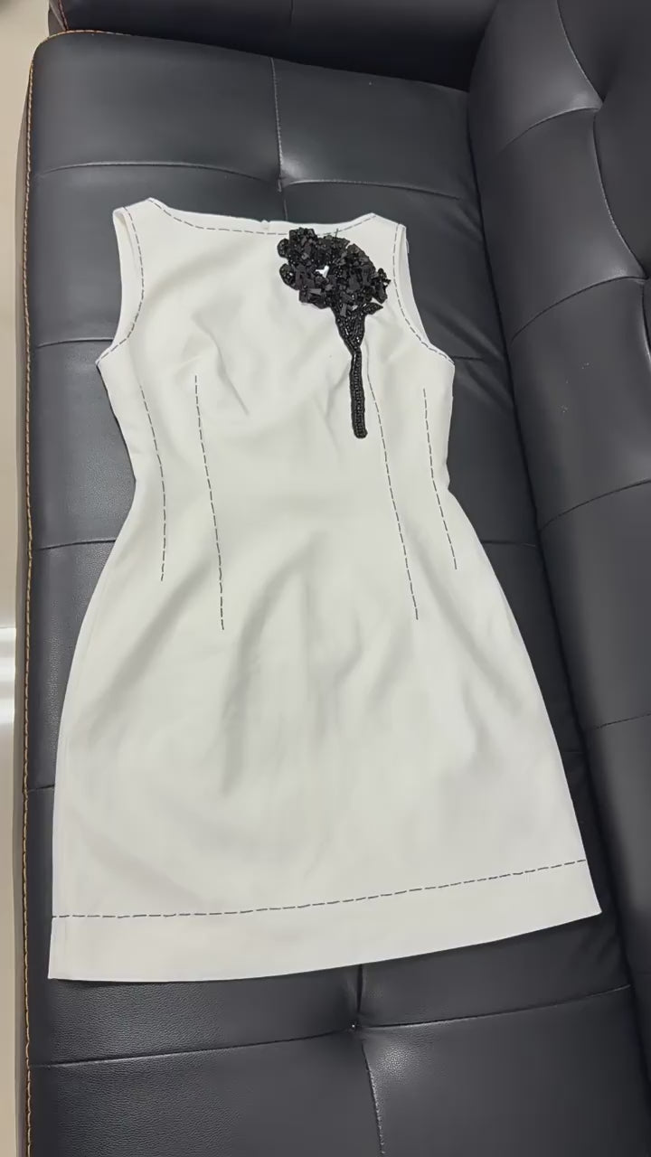 Platlogy White Sleeveless Mini Dress With Black Floral Applique Elegant Work Party Sheath Dress