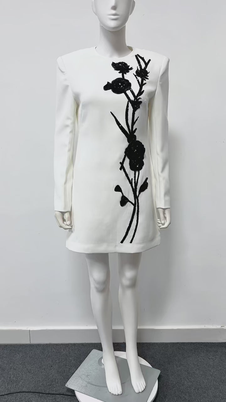 Women Floral Embroidered Blazer Dress Round Neck Long Sleeve Workwear Mini Dress