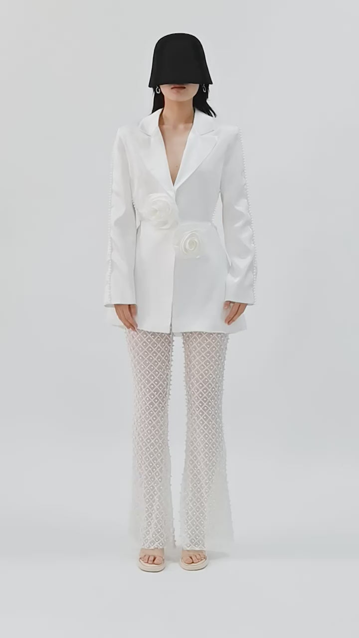 Platlogy Women's 2 Pieces Blazer Pants Suit Sets Hollow Out Flowers Appliques Pearls Beaded Wedding Party Outfits