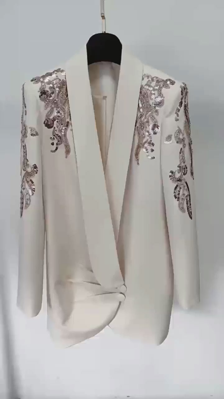 Platlogy Women's Luxury Designer Jacket Slim Fitting Rhinestone Diamonds Beaded Sequin Long Blazer Coat