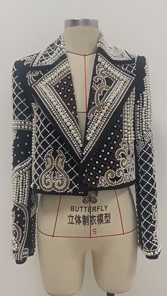 Platlogy Luxury Heavy Pearl Embroidered Cropped Blazer Women Lapel Long Sleeve Elegant Party Dressy Jacket