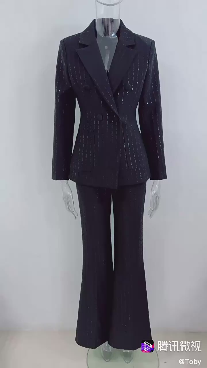 Platlogy Sparkly Striped Double Breasted Blazer and Flared Pants Two Piece Formal Suit Set for Women Elegant Business Party Outfit
