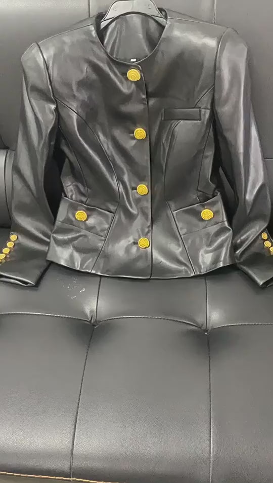 Platlogy Women Round Neck Gold Button Slim Faux Leather Cropped Jacket Elegant Formal Daily Outerwear