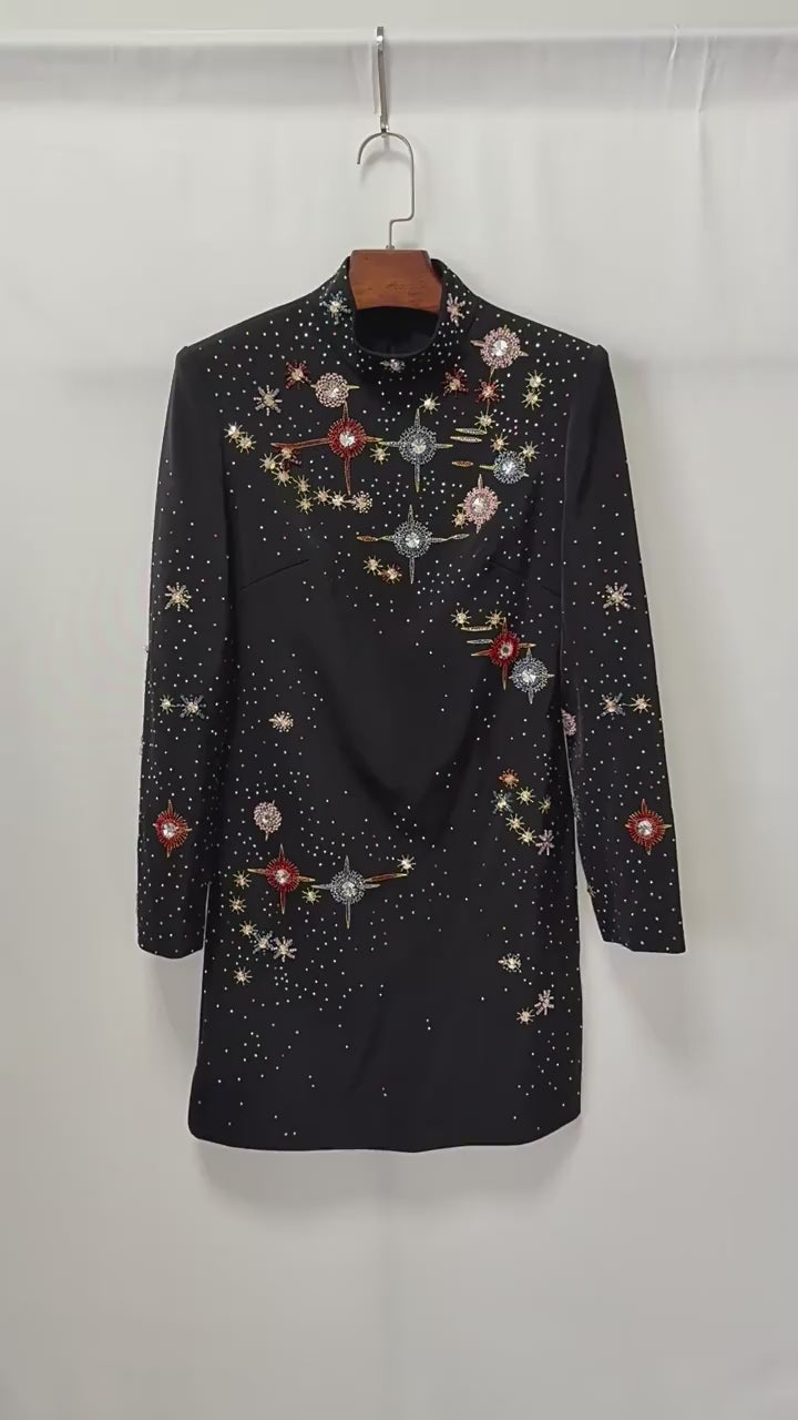 Platlogy Black Stand Collar Long Sleeve Mini Dress Heavy Star Rhinestone Embellished Elegant Party Cocktail Dress