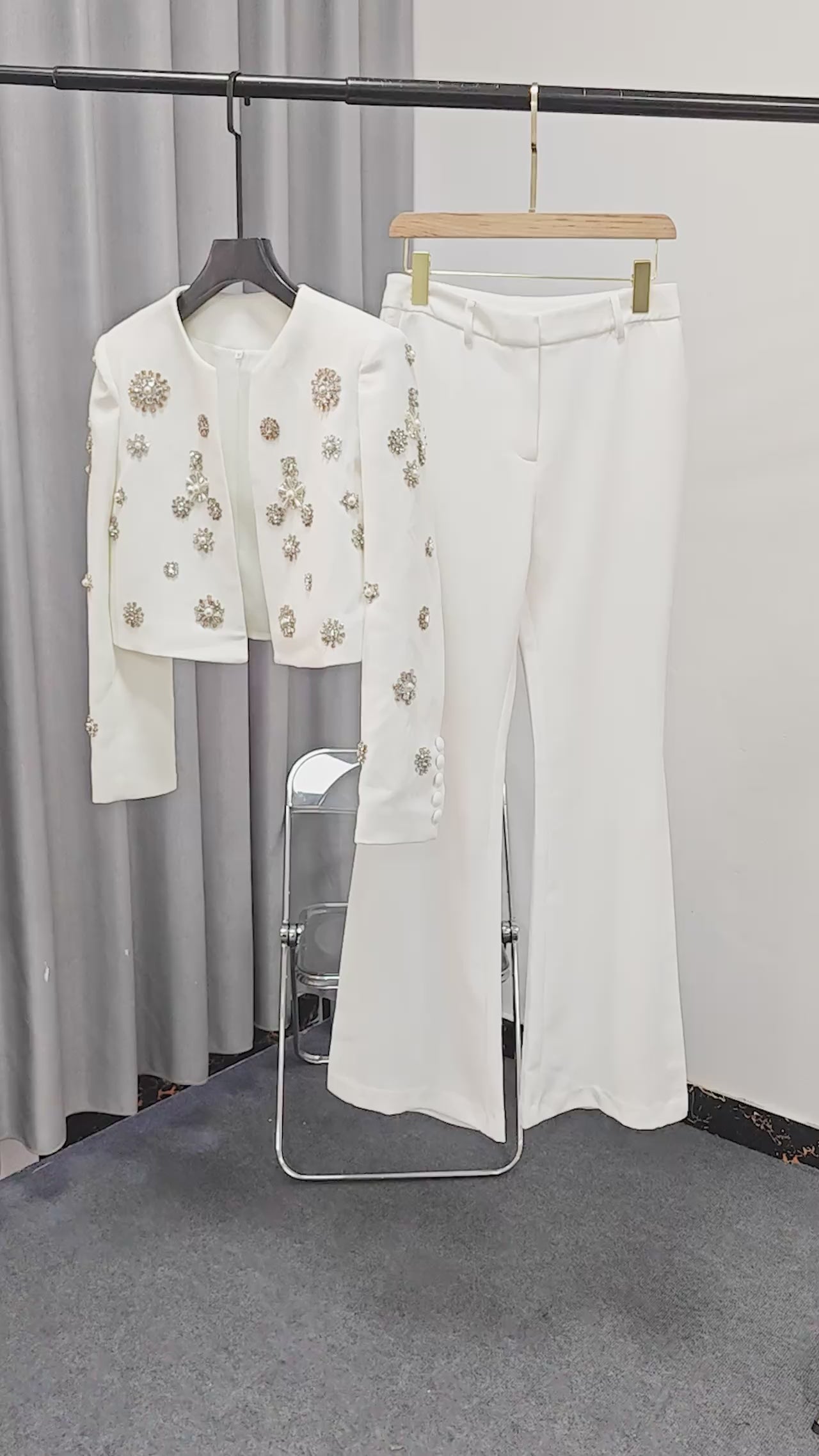 Womens Rhinestone Embellished Cropped Blazer And Flared Pants Two Piece Set