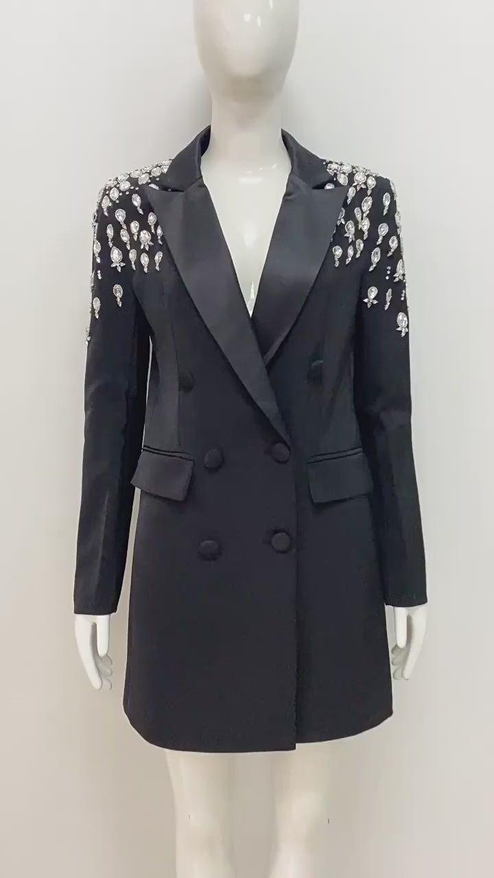 Platlogy Women's Luxury Outwear Embroidery Flares Diamond Blazer Jackets Long Sleeve Long Blazer Dress coat