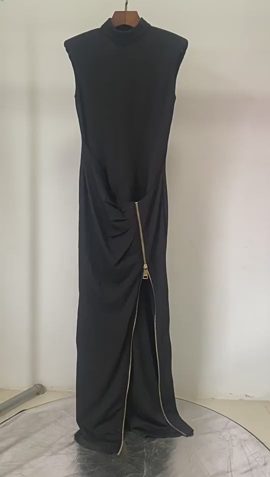 Platlogy Red Sleeveless Mock Neck Maxi Dress With Side Zipper Ruched Bodycon Party Long Dress