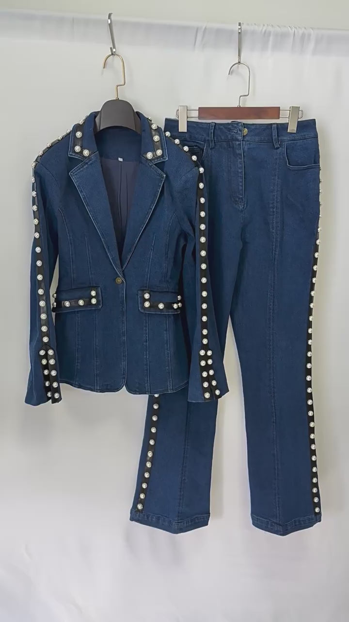Platlogy Women Pearl Embellished Denim Blazer And Straight Pants Two Piece Suit Formal Casual Matching Outfit 10069