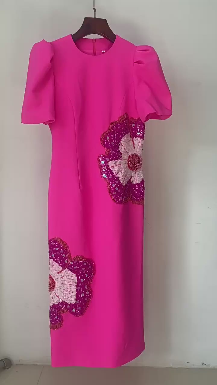 Platlogy Fuchsia Puff Sleeve Midi Dress Hand Beaded Floral Bodycon Formal Party Dress For Women