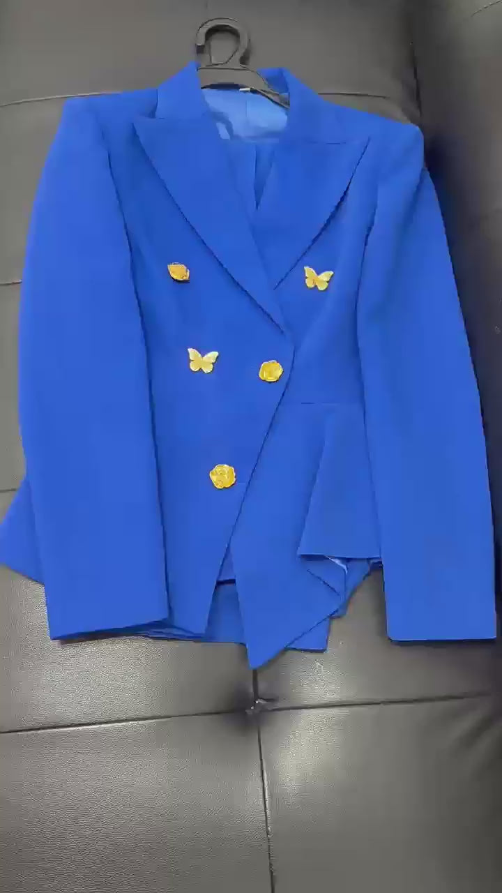 Platlogy Bright Blue Butterfly Button Blazer Wide Leg Pants Two Piece Business Suit Set For Women