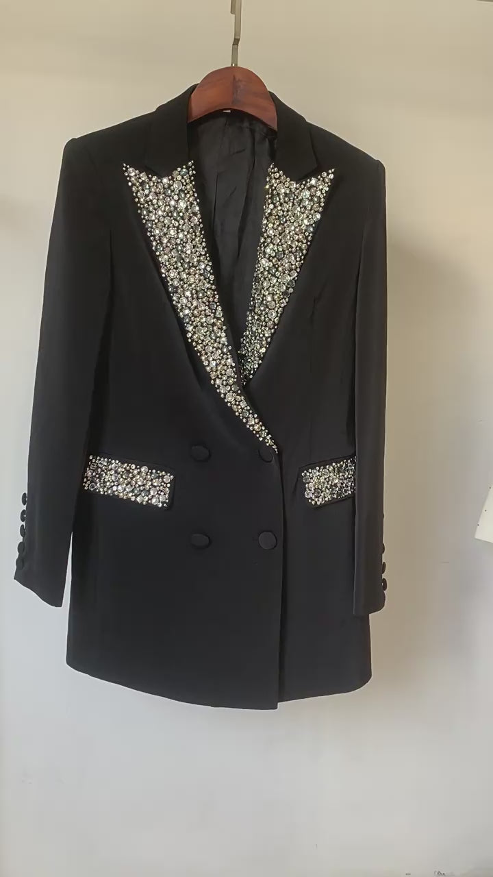 Platlogy Women's Luxury Designer Jacket Slim Fitting Rhinestone Diamonds Beaded Long Blazer Coat