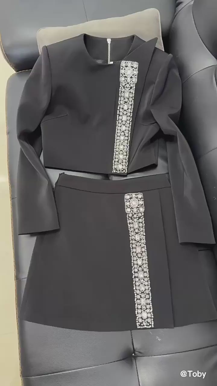 Platlogy Rhinestone Decor Black Two Piece Outfit Long Sleeve Cropped Top Mini Skirt Elegant Party Women Matching Set