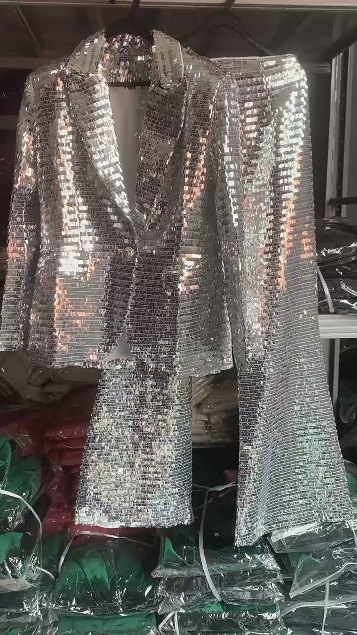 Platlogy Silver Sequin Blazer Pant Set Women Glitter Two Piece Outfit For Party Prom Stage Show