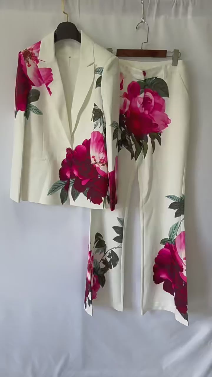 Platlogy Elegant Big Rose Print White Two Piece Women Suit Blazer and Long Pants Set for Formal Business Party Occasions