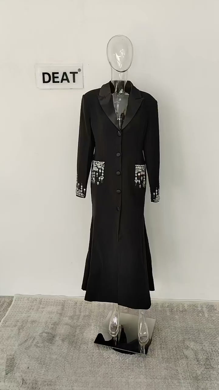 Embellished Cuff Maxi Blazer Dress Button Front Evening Party Dress